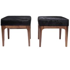 Mid-Century Modern Style Laser Cut Pattern, Black Cowhide Walnut Ottomans