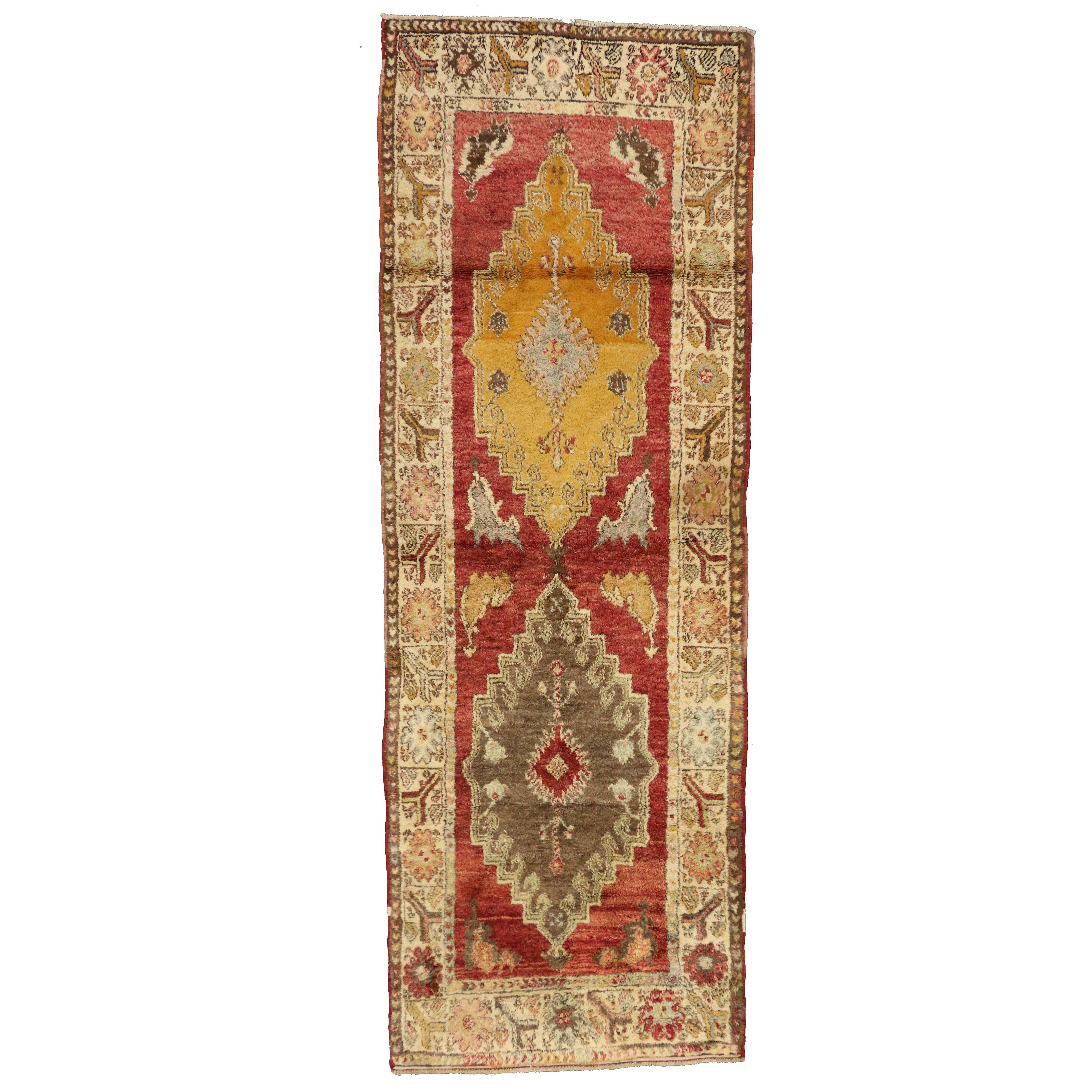 Vintage Turkish Oushak Runner with Mid-Century Modern Tribal Style For Sale