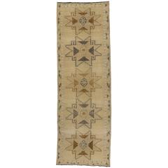Vintage Turkish Oushak Carpet Runner with Modern Design Muted Colors