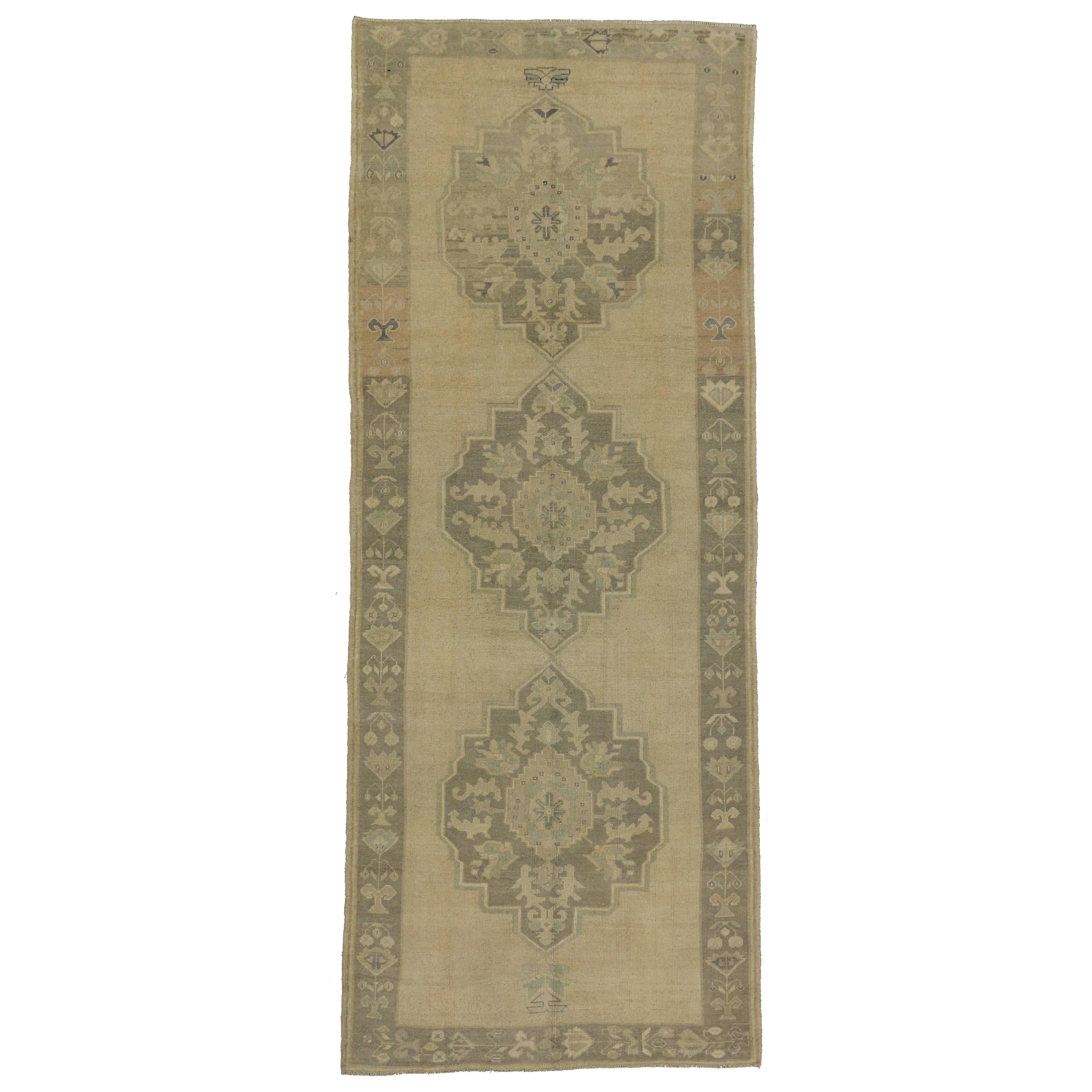Vintage Turkish Oushak Carpet Runner with Modern Style in Muted Colors For Sale