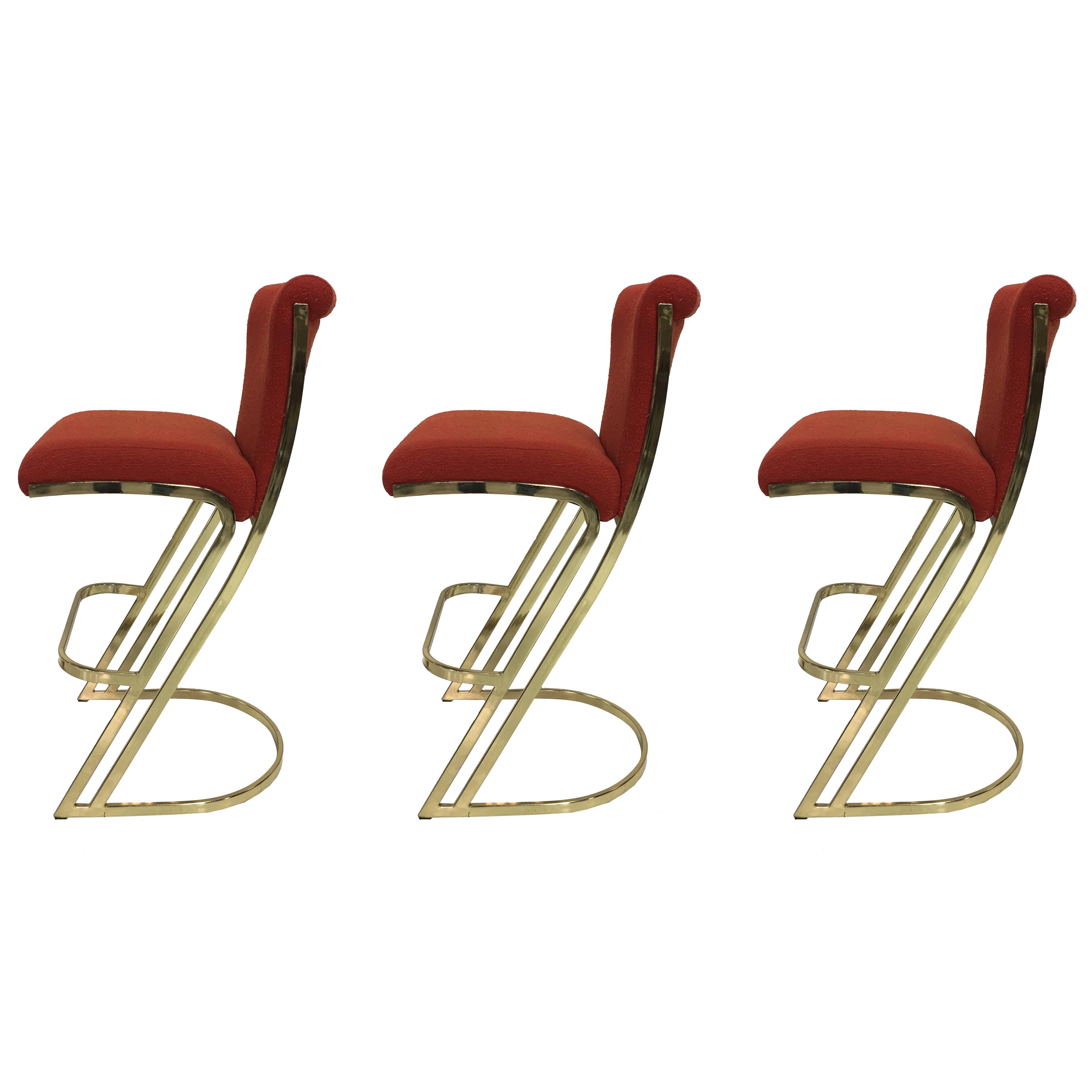 Set of Three Brass Bar Stools in the Style of Pierre Cardin