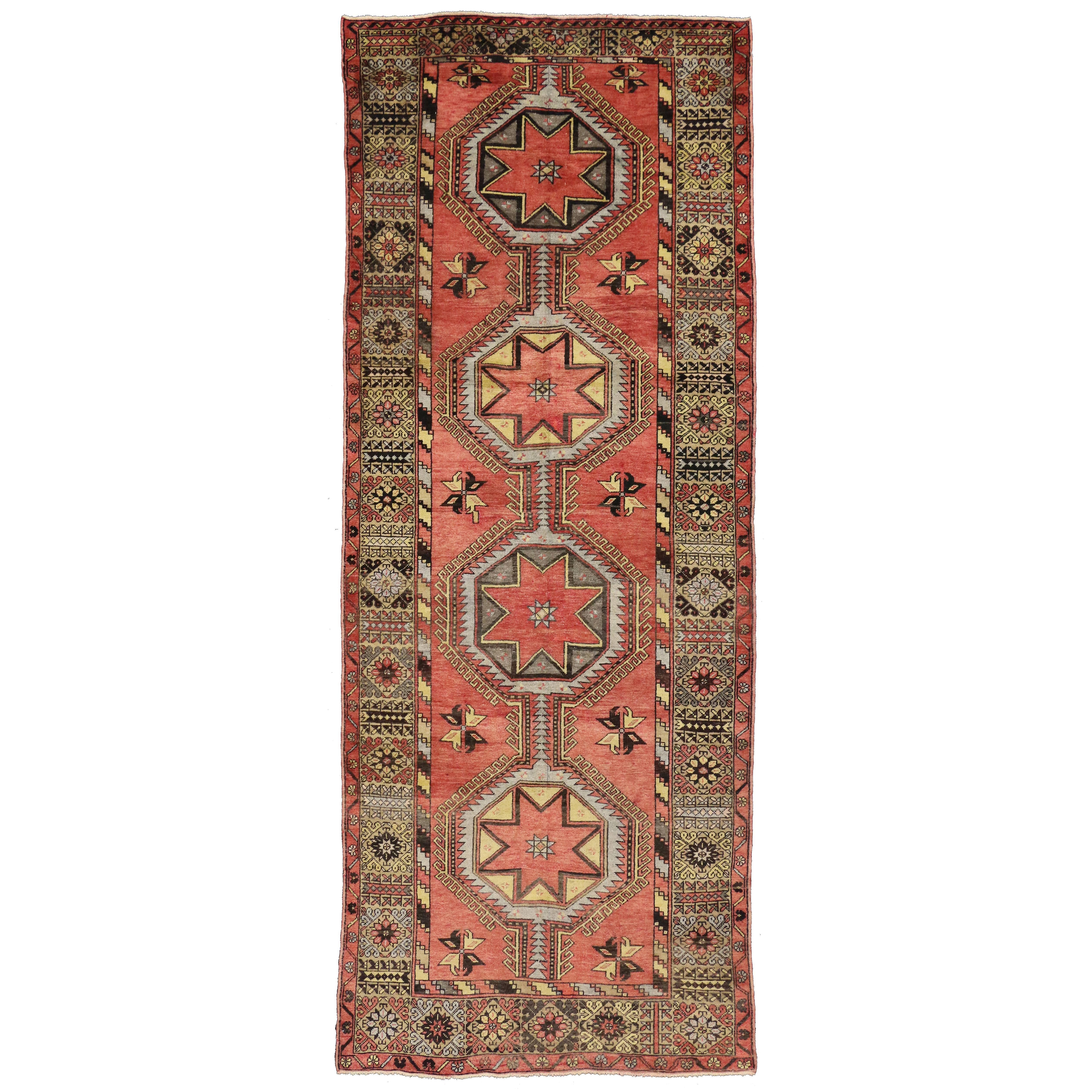 Vintage Turkish Oushak Carpet Runner with Modern Tribal Style For Sale