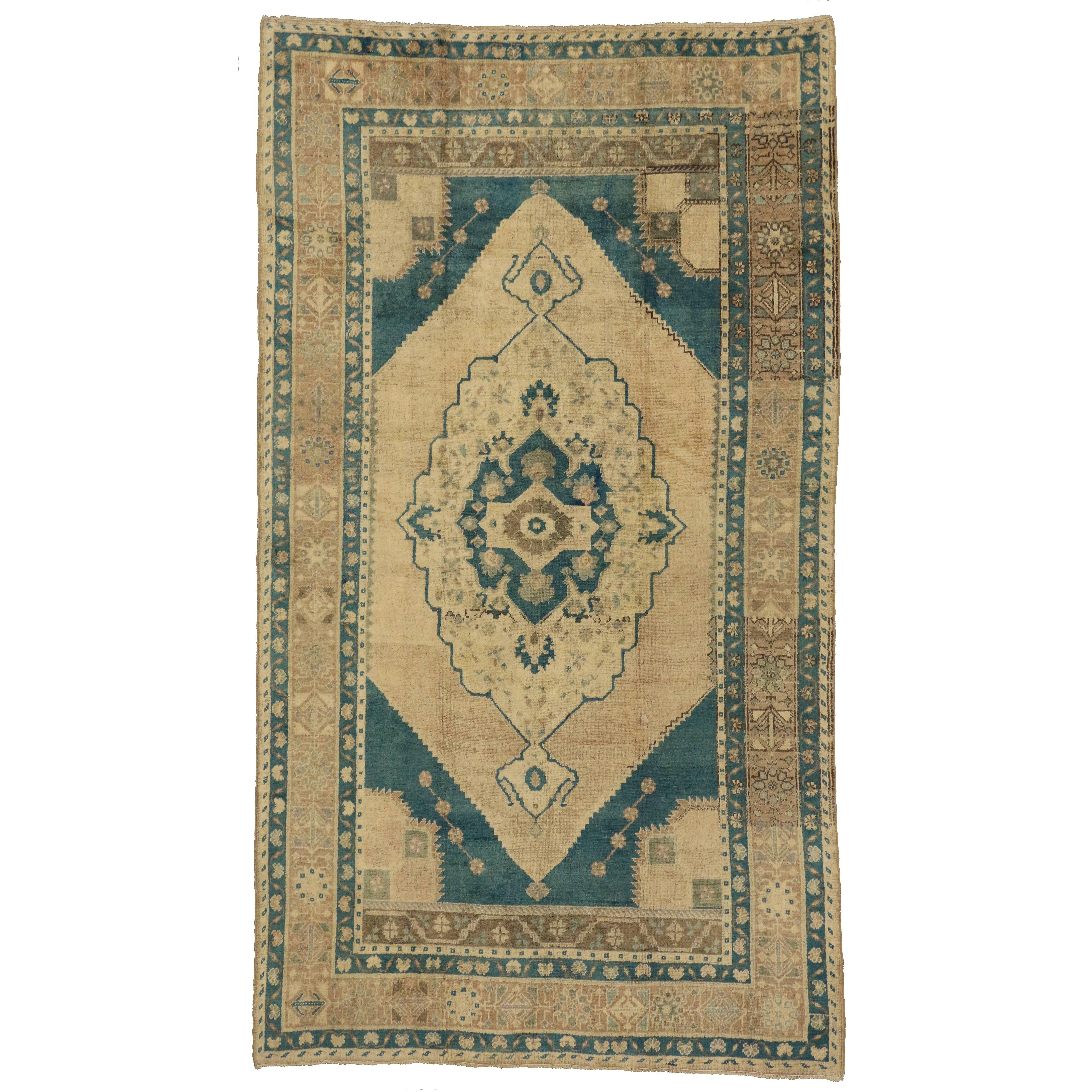 Vintage Turkish Oushak Rug with Mid-Century Modern Style For Sale
