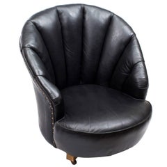 Vintage 1930s Art Deco Black Leather Low Armchair