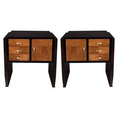 Pair of Art Deco Nightstands or End Tables in Burled Elm and Ebonized Walnut