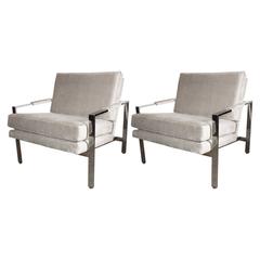 Luxe Pair of Milo Baughman Flat Bar Lounge Chairs in Chrome and Platinum Velvet