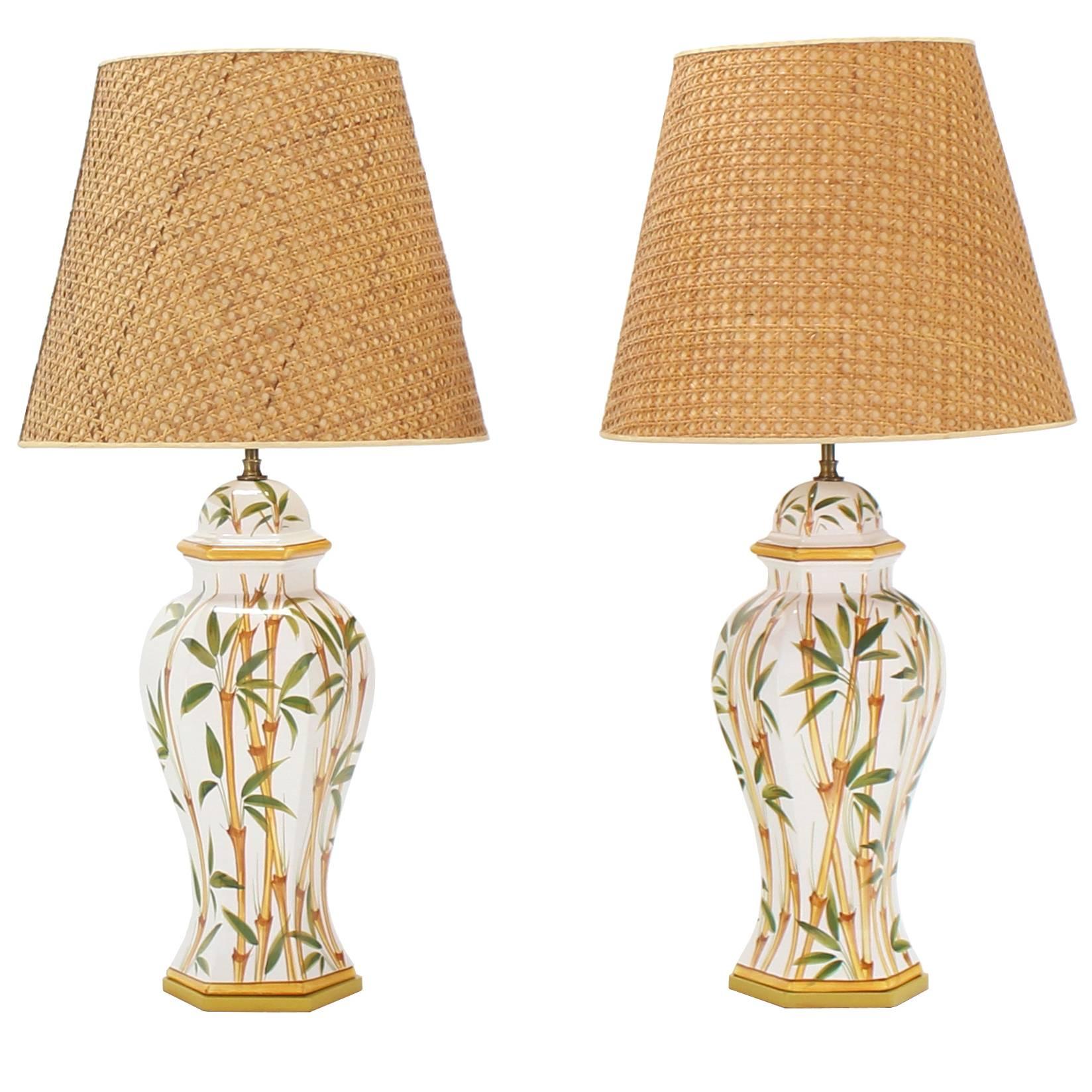Pair of Bamboo Hand Decorated Table Lamps For Sale