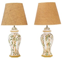 Pair of Bamboo Hand Decorated Table Lamps