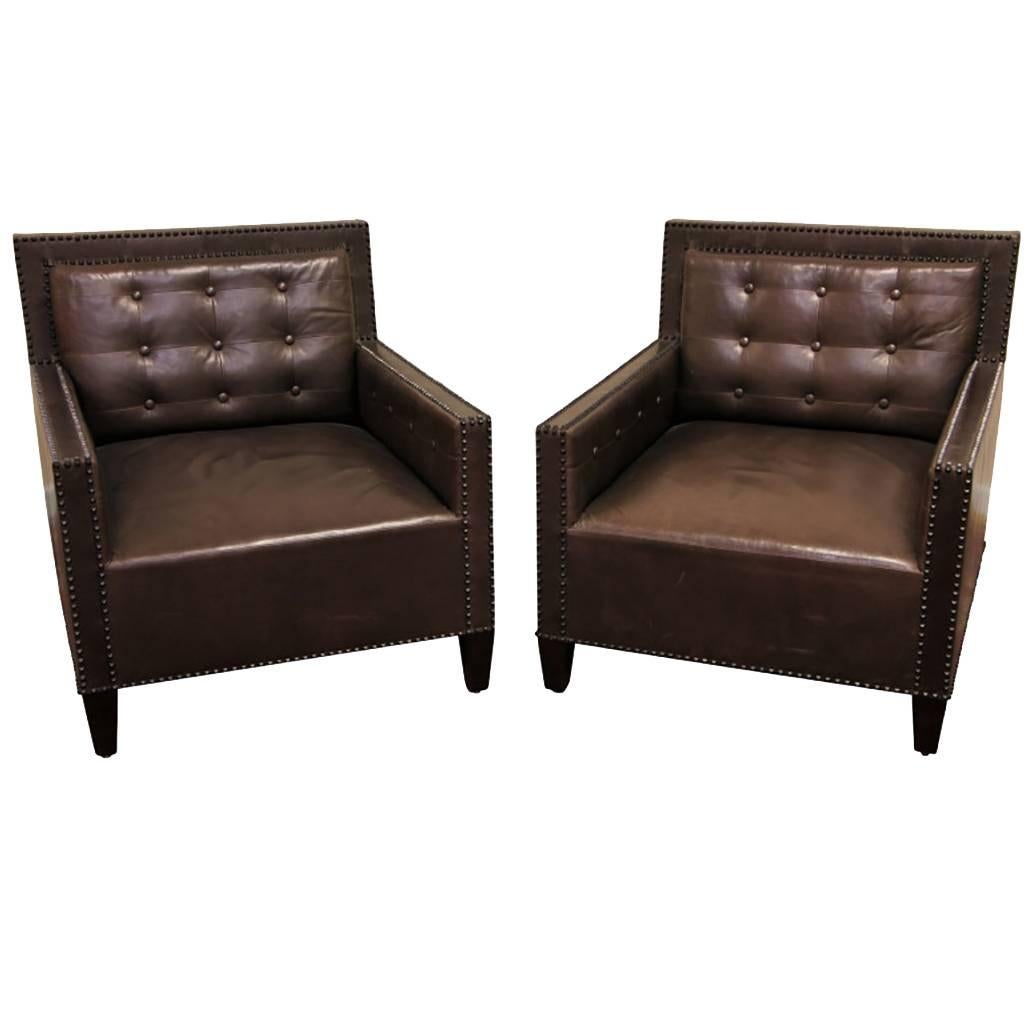 Pair of Brown Leather Tufted Club Chairs with Nail Head Trim
