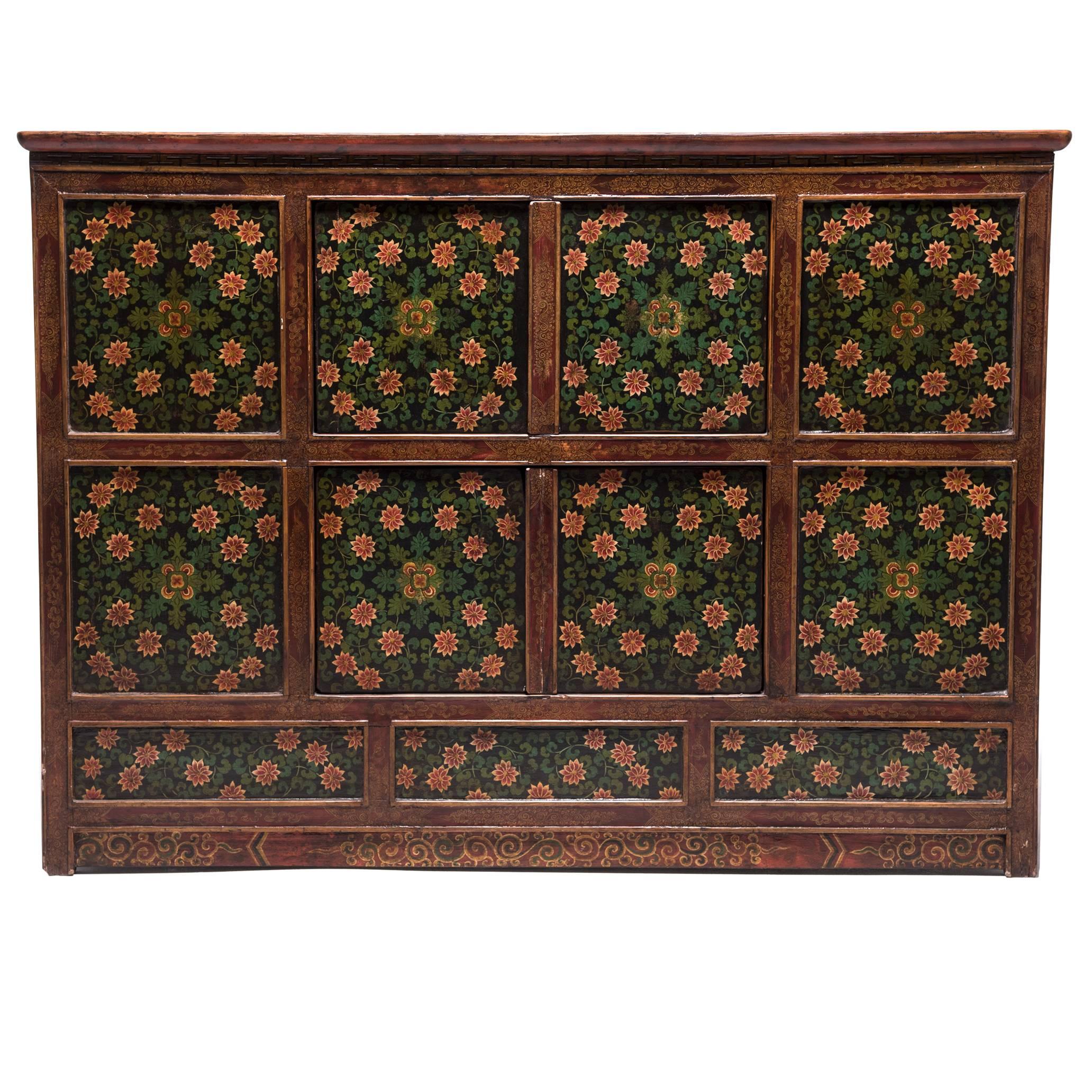 Large Antique Floral Painted Tibetan Cabinet