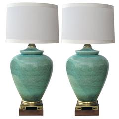 Over-Scaled Pair of American, 1960s Celadon Crackle-Glazed Lamps by Marbro