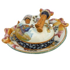 French Butter Dish with Man Playing Bagpipe Quimper