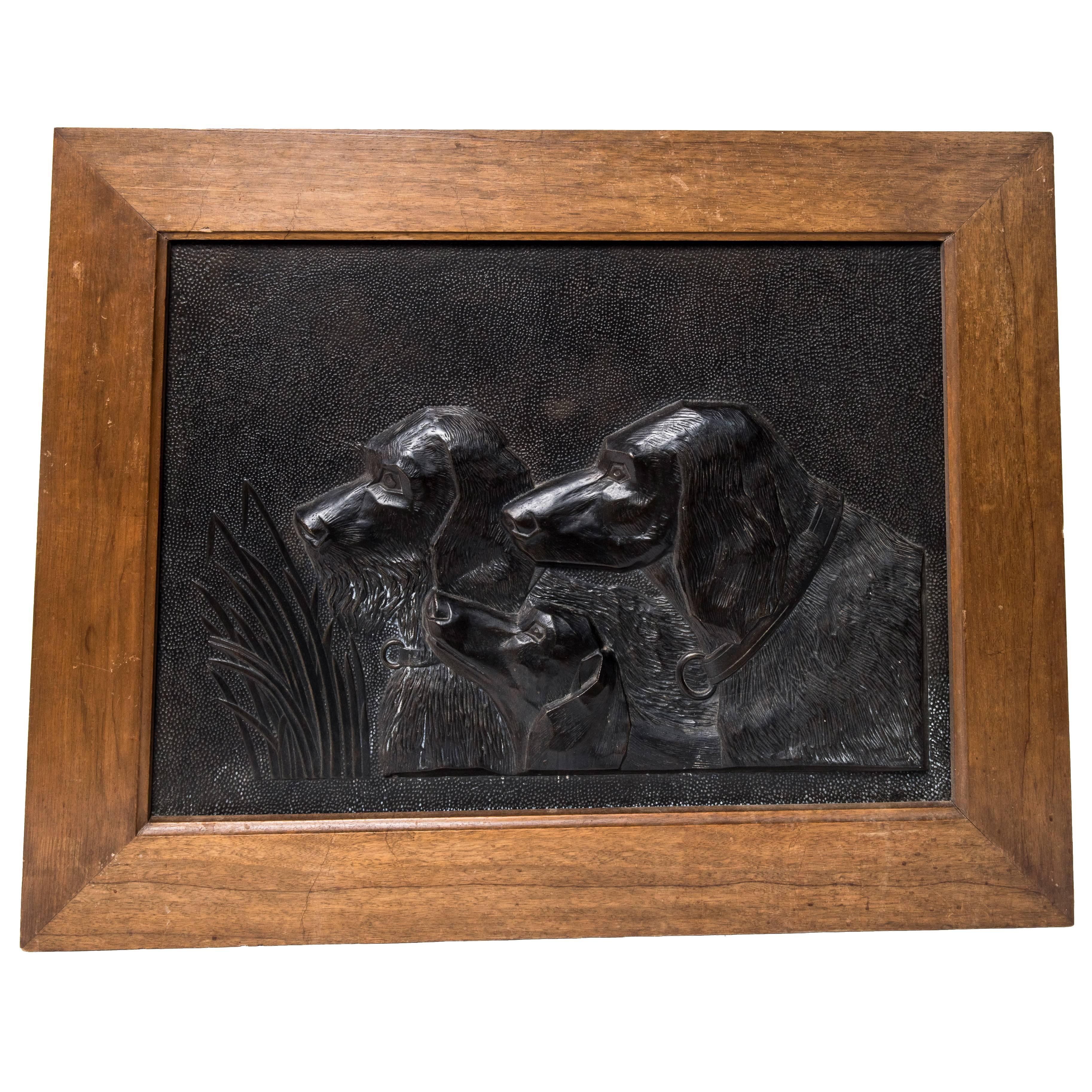 Black Painted Resin Panel of a Hunting Dogs Busts For Sale
