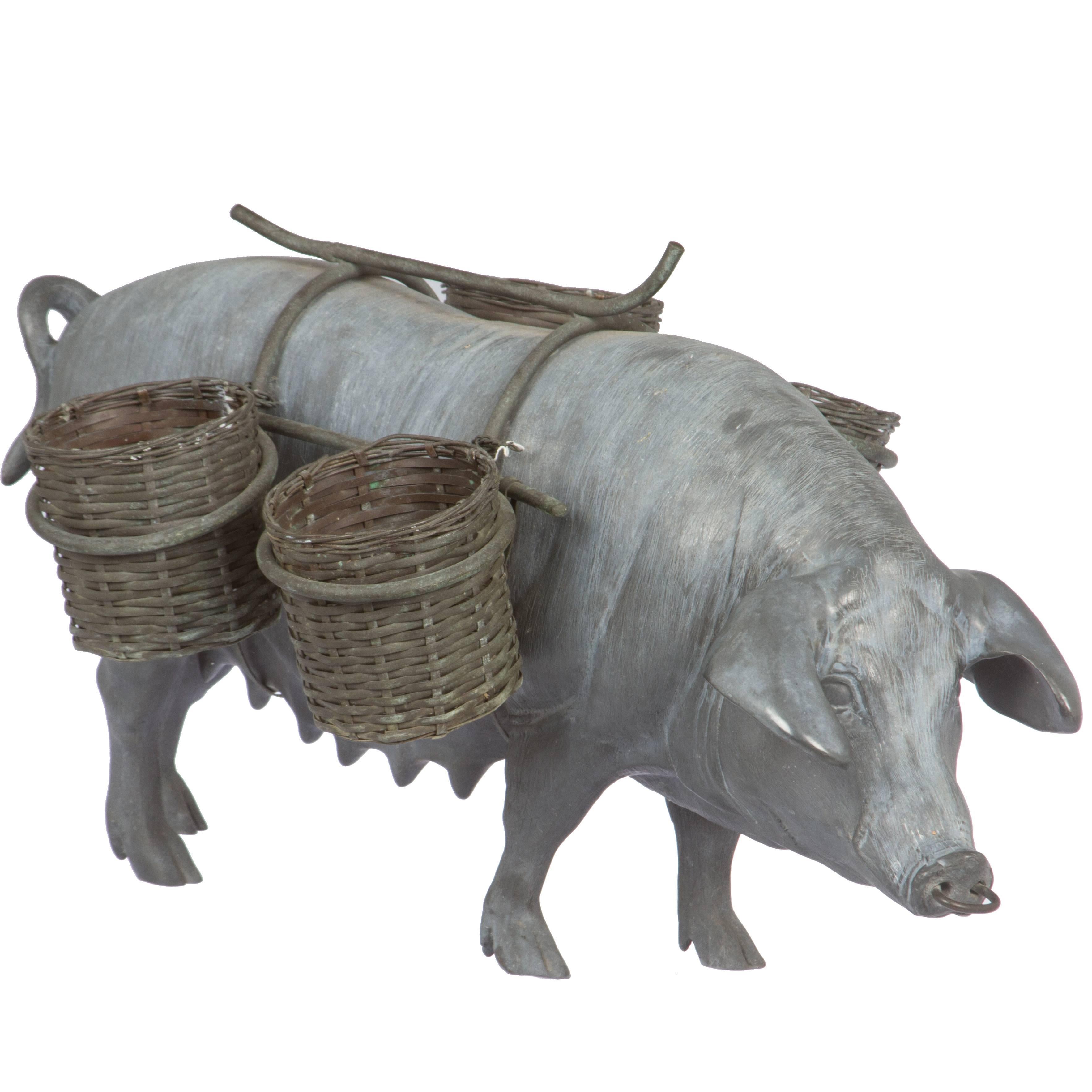 Pewter Pig with Woven Baskets For Sale