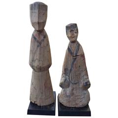 Ancient Pair of Chinese Han Carved Wood Attendants 2000 Years Old Collection