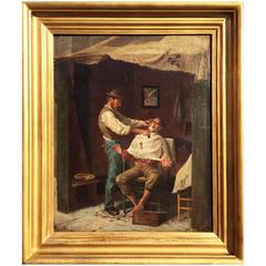 Antique 19th Century Oil on Canvas "A Barber Shop" - Signed EW
