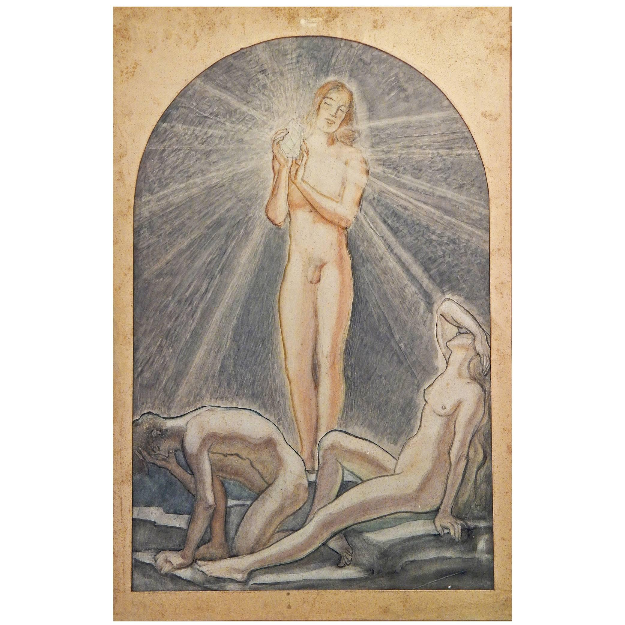 "Bringer of Light, " Large, Art Deco Nocturnal Triptych with Nude Figures For Sale