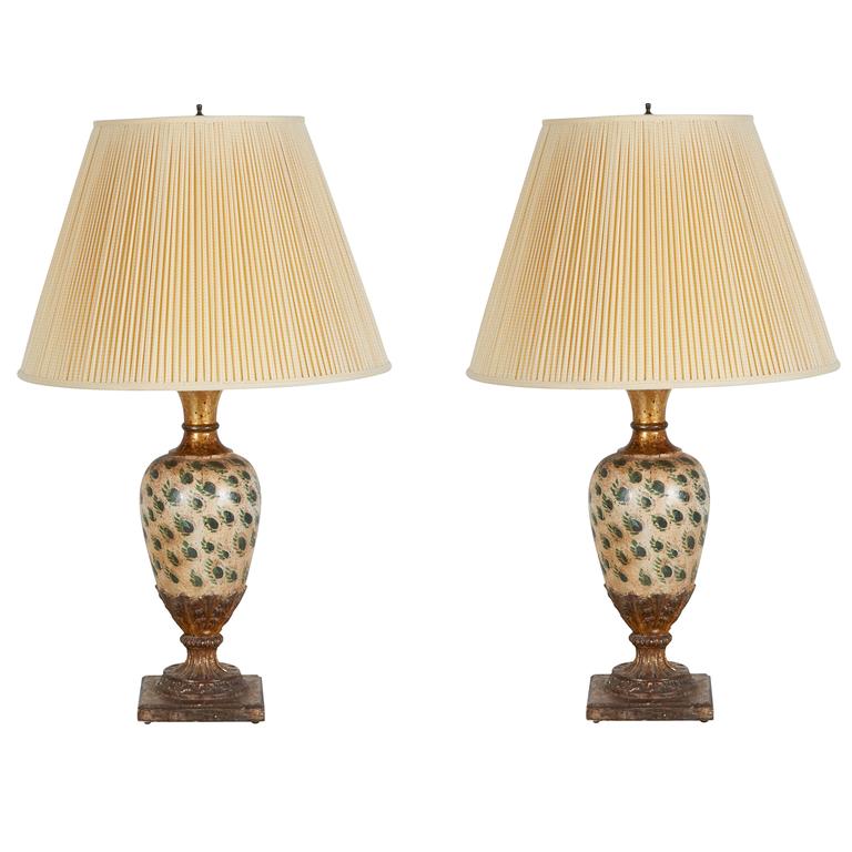 Antique Pair of Gilt and Peacock FeatherPainted Table Lamps For Sale