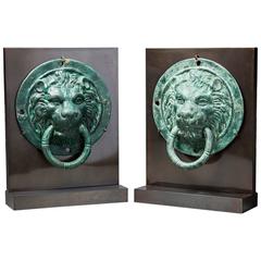 Antique Pair of Roman Bronze Lion Roundels with Handles