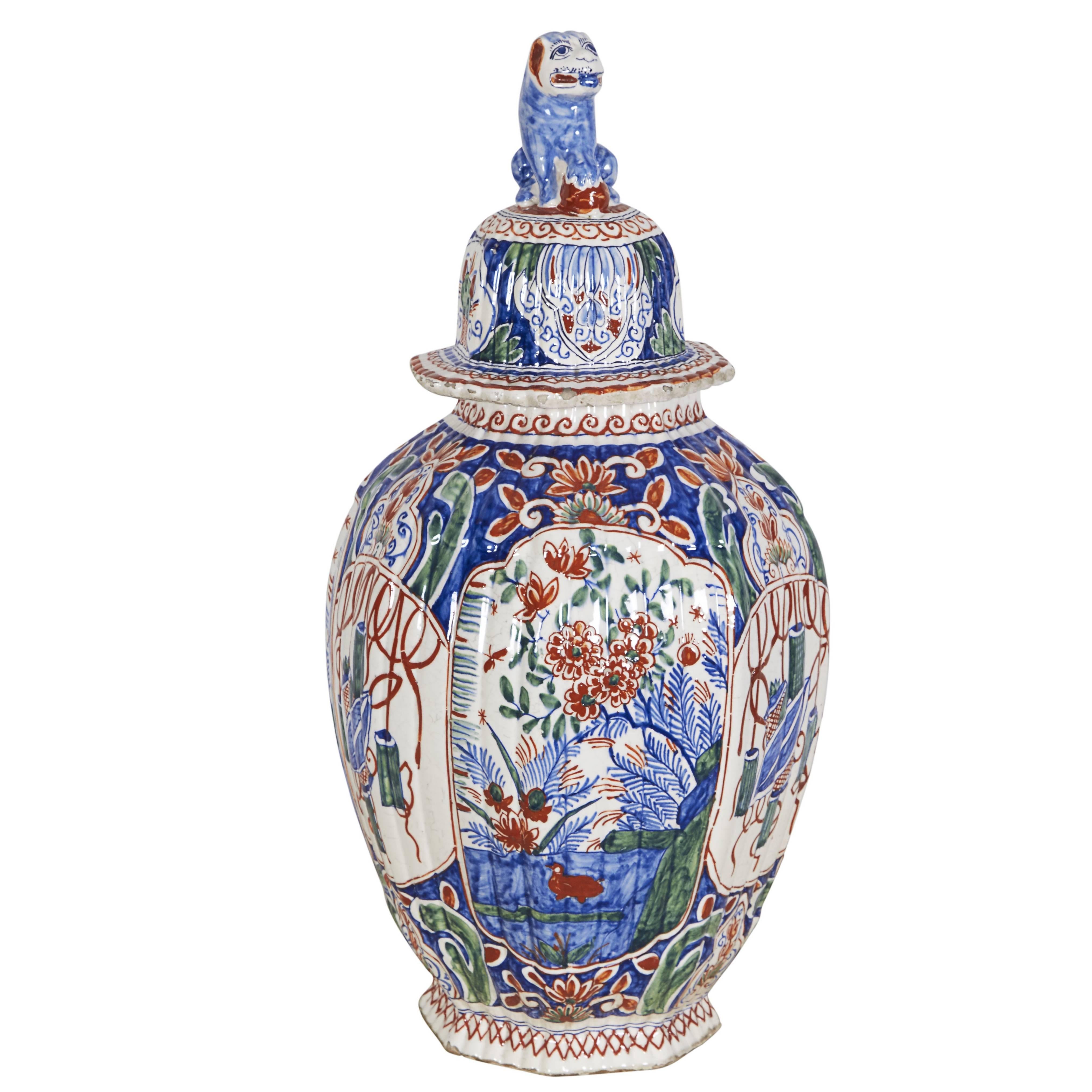 18th Century Delft Polychrome Covered Vase