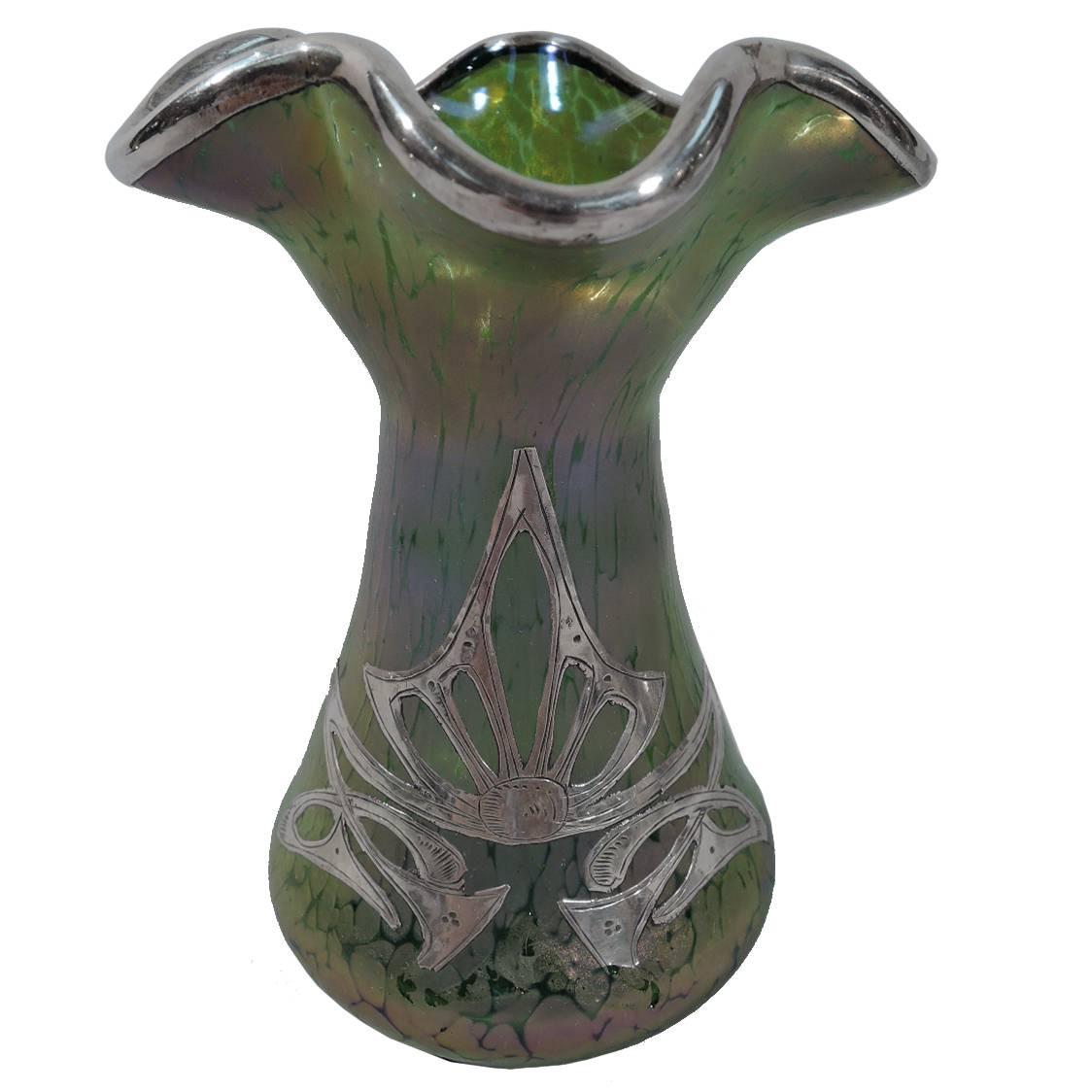 Art Nouveau Iridescent Glass Vase with Silver Overlay