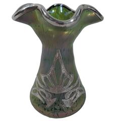 Art Nouveau Iridescent Glass Vase with Silver Overlay 1