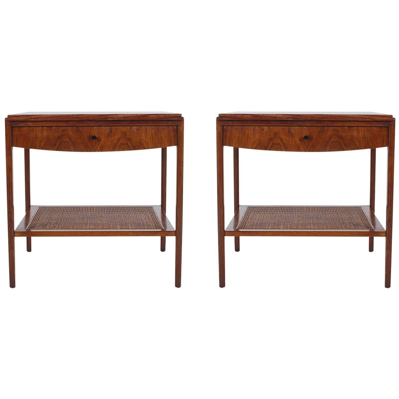 Mid-Century Modern Walnut and Cane End Tables or Nightstands by John Widdicomb