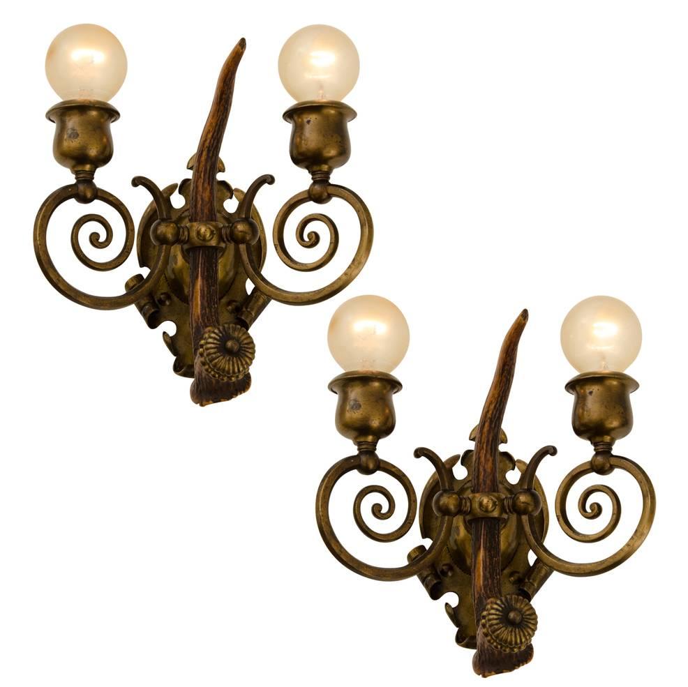 Exceptional Antler and Hand-Wrought Brass Sconces, circa 1905