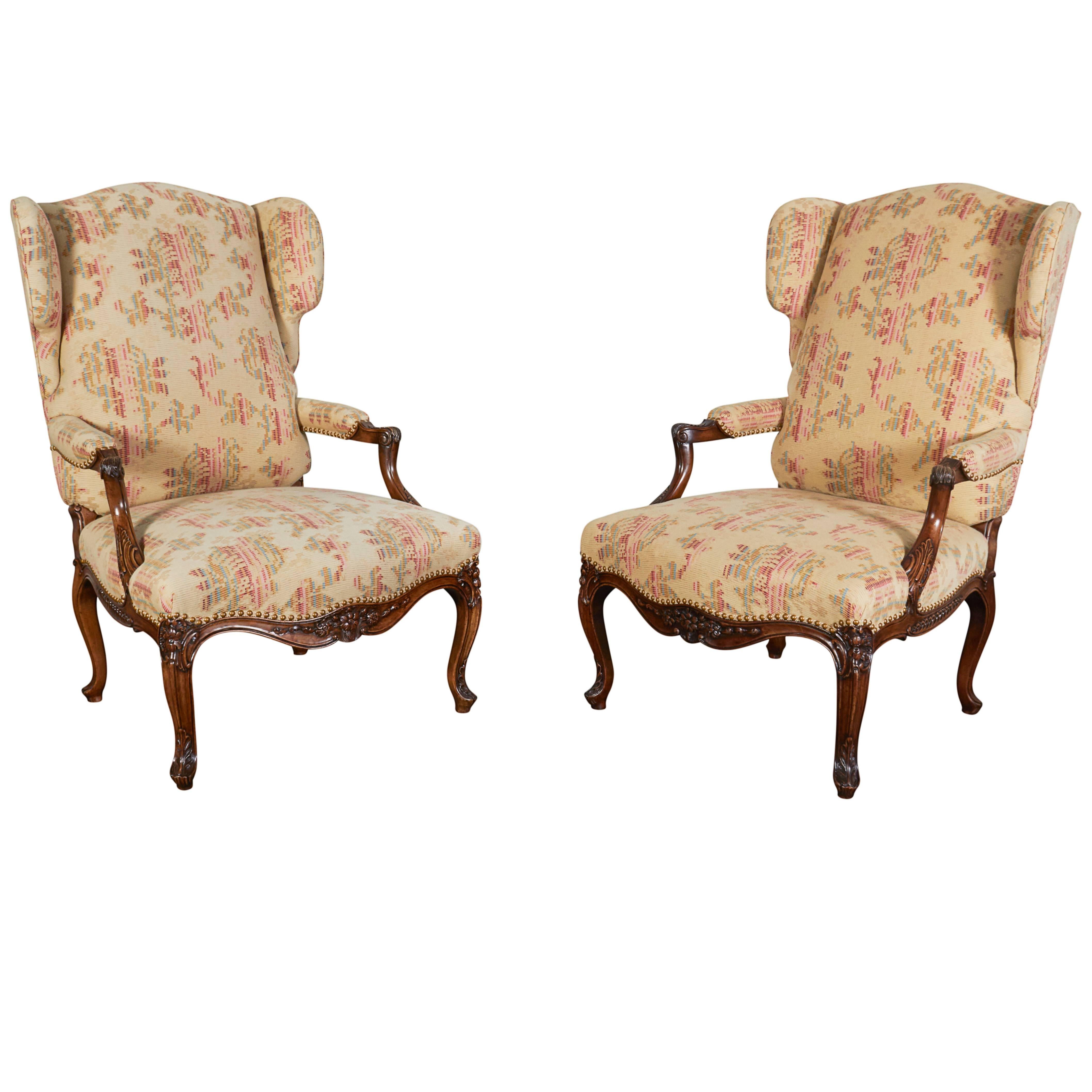 Pair of Louis XV Style Walnut Wing Chairs