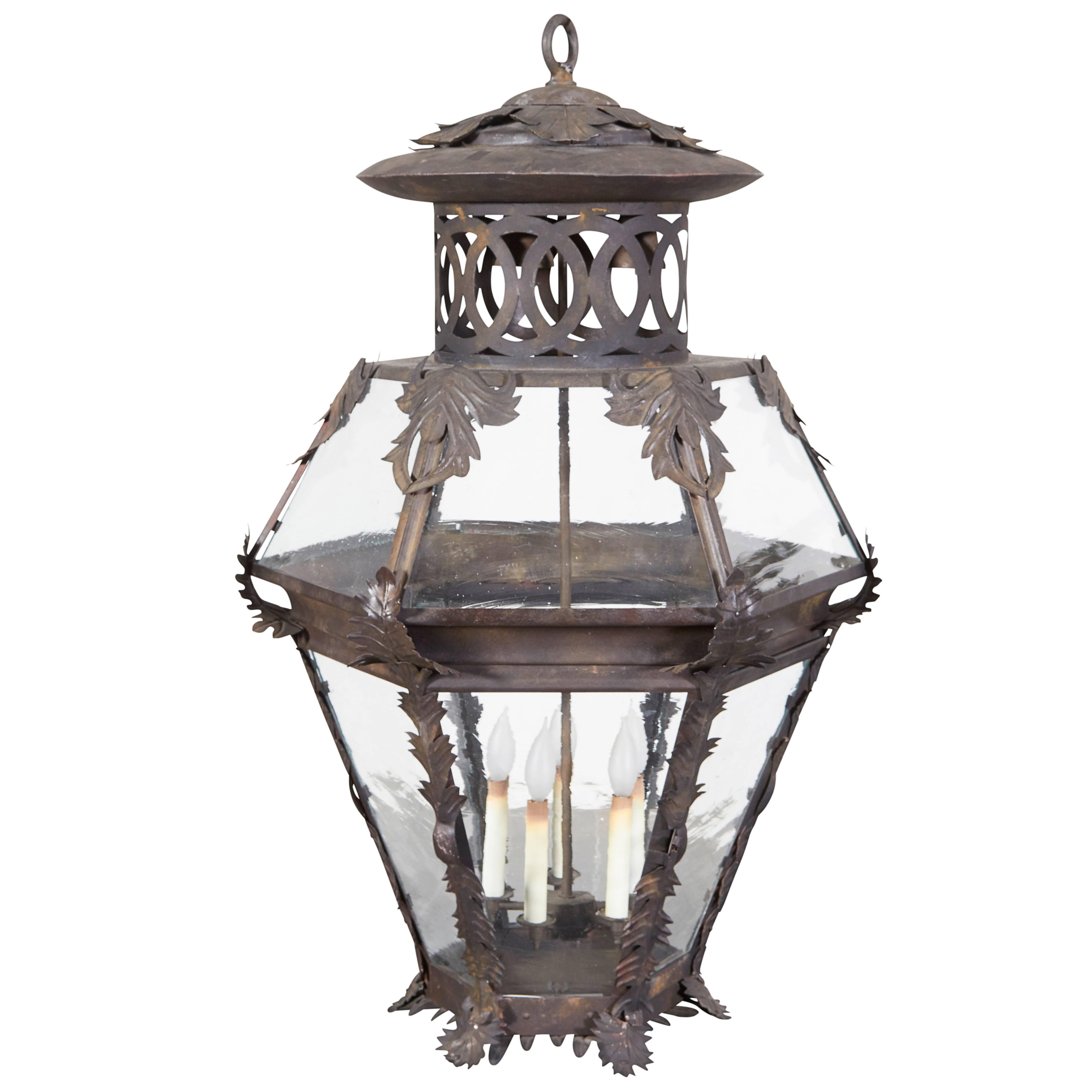 Large-Scale Patinated Iron and Glass Lantern