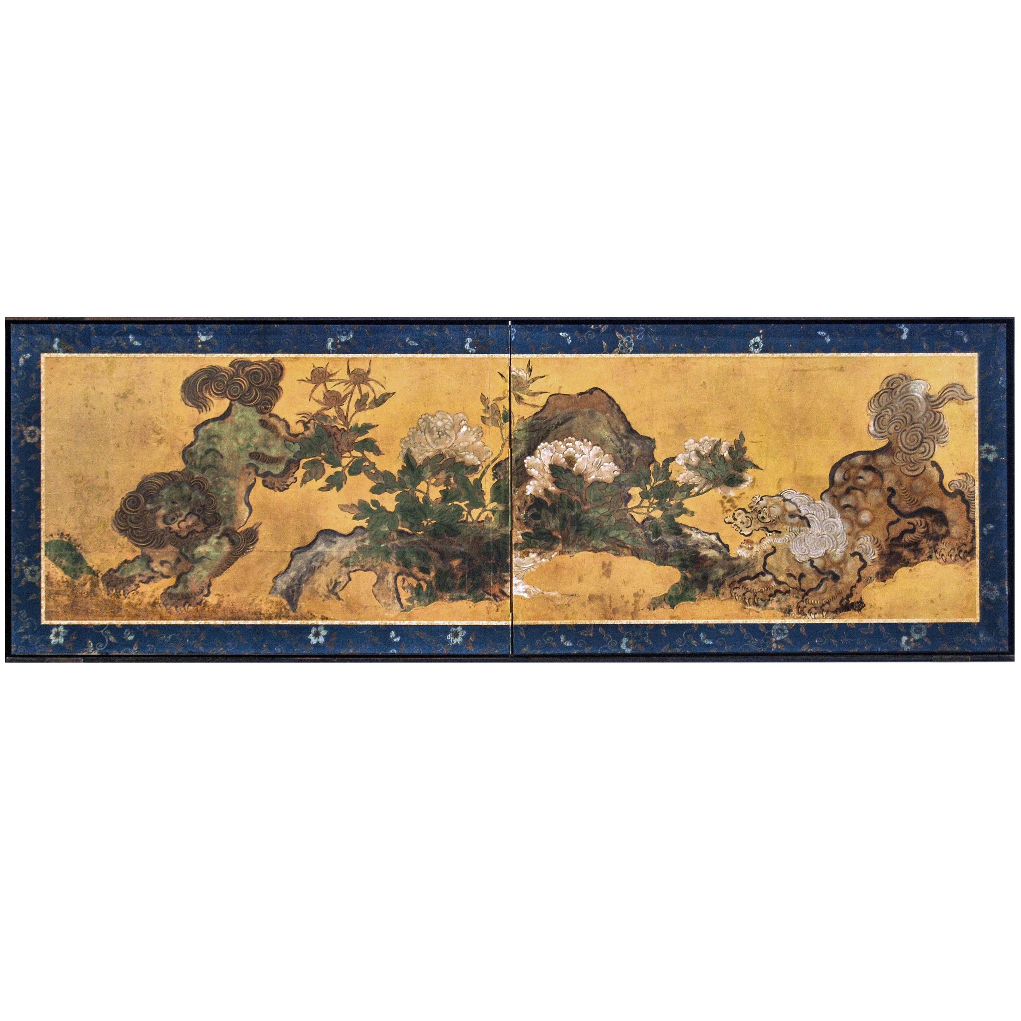 Antique Japanese Two Panel Karashishi Screen, Edo Period, circa 17th Century