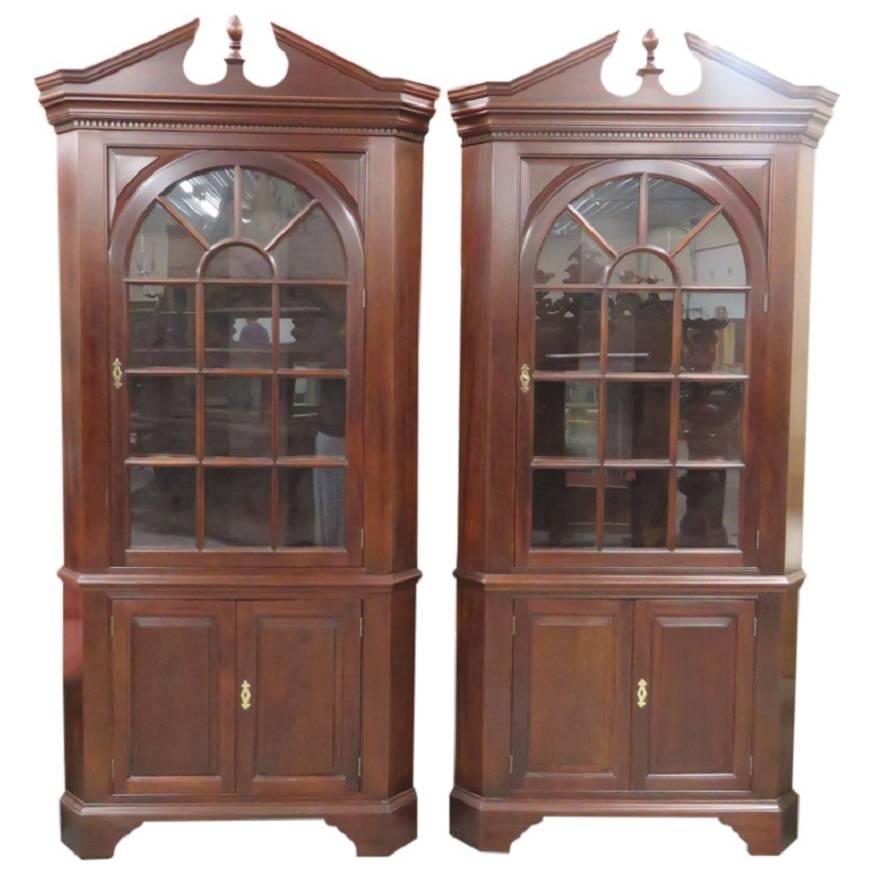 Pair of Stickley Mahogany Lighted Corner Cabinets