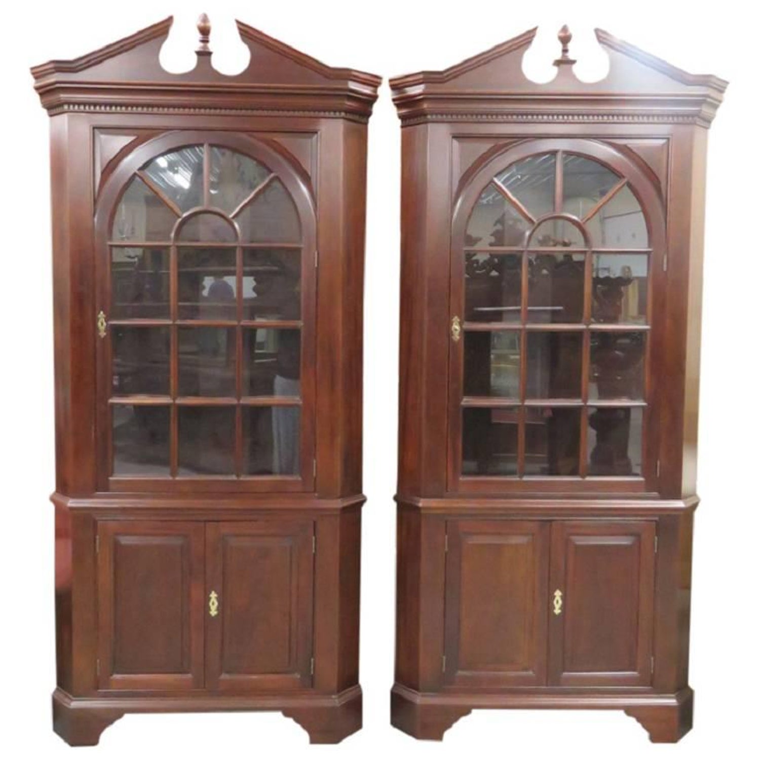 Pair Of Stickley Mahogany Lighted Corner Cabinets For Sale At 1stdibs