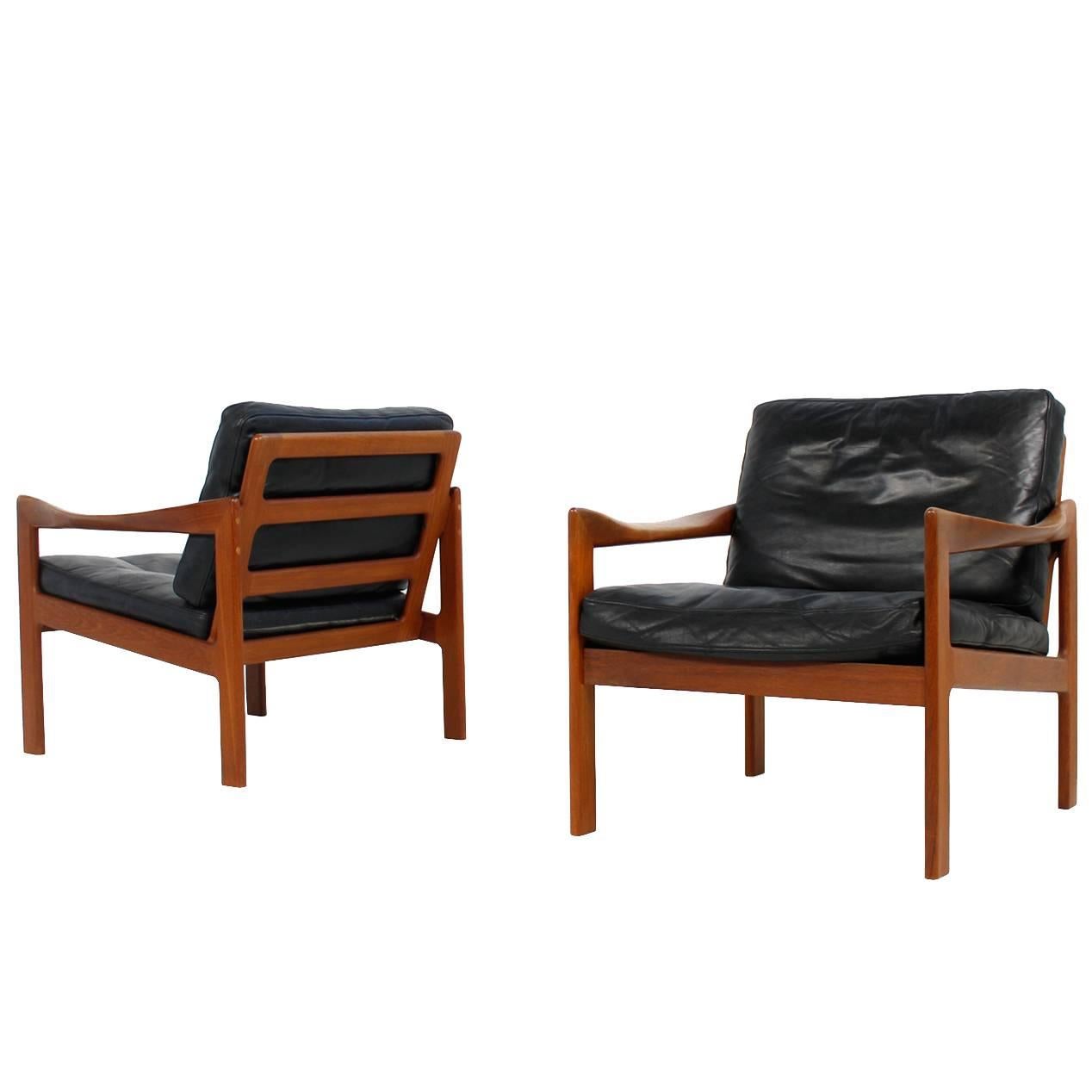 Pair of Two 1960s Danish Modern Teak and Leather Easy Chairs by Illum Wikkelso
