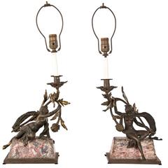 Pair of Neoclassical Bronze and Marble Table Lamps