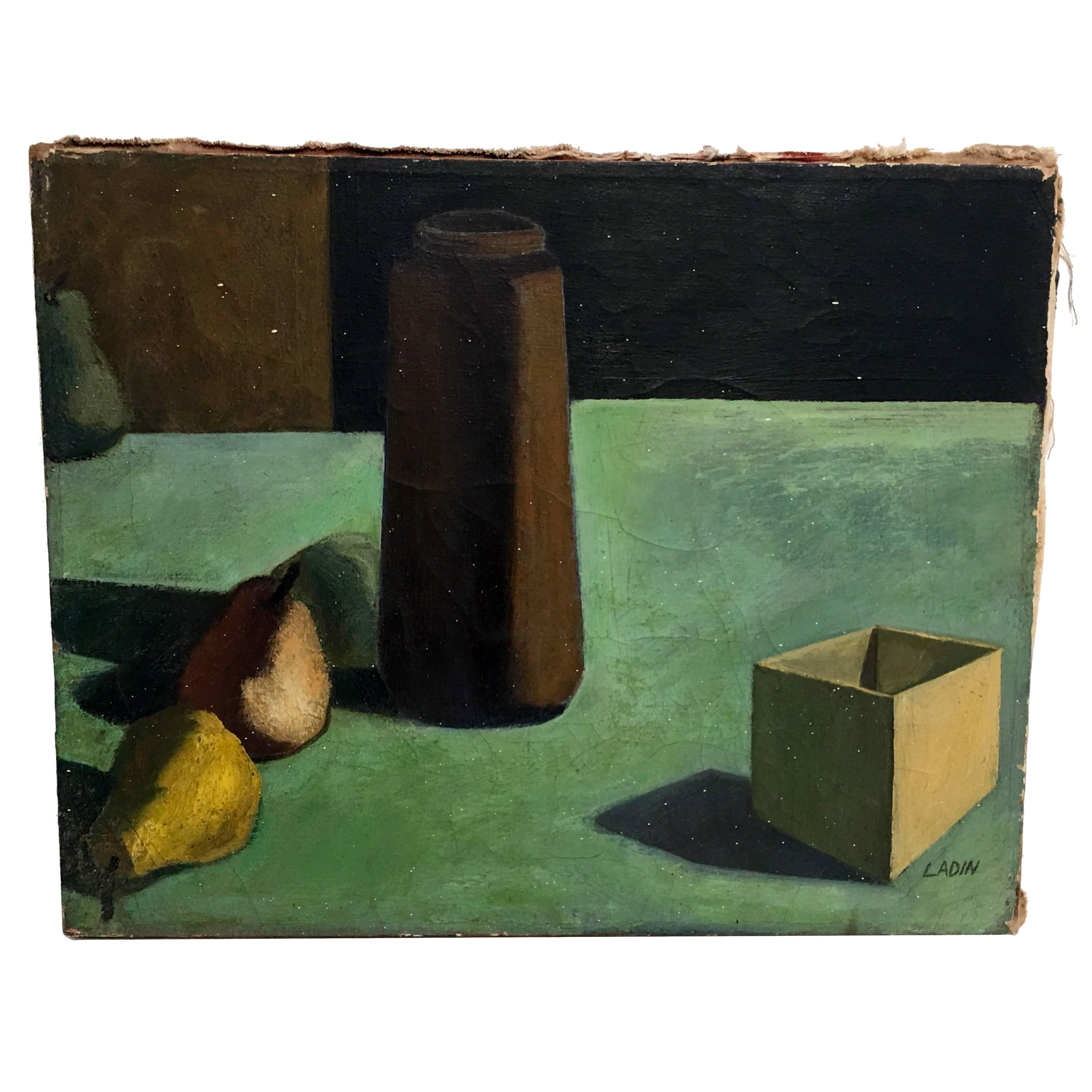 Still life painting with brown vase and pears, signed Ladin and dated 1962. Oil on canvas, newly framed. American, mid-20th century. 
Please see our listed companion painting by this artist.