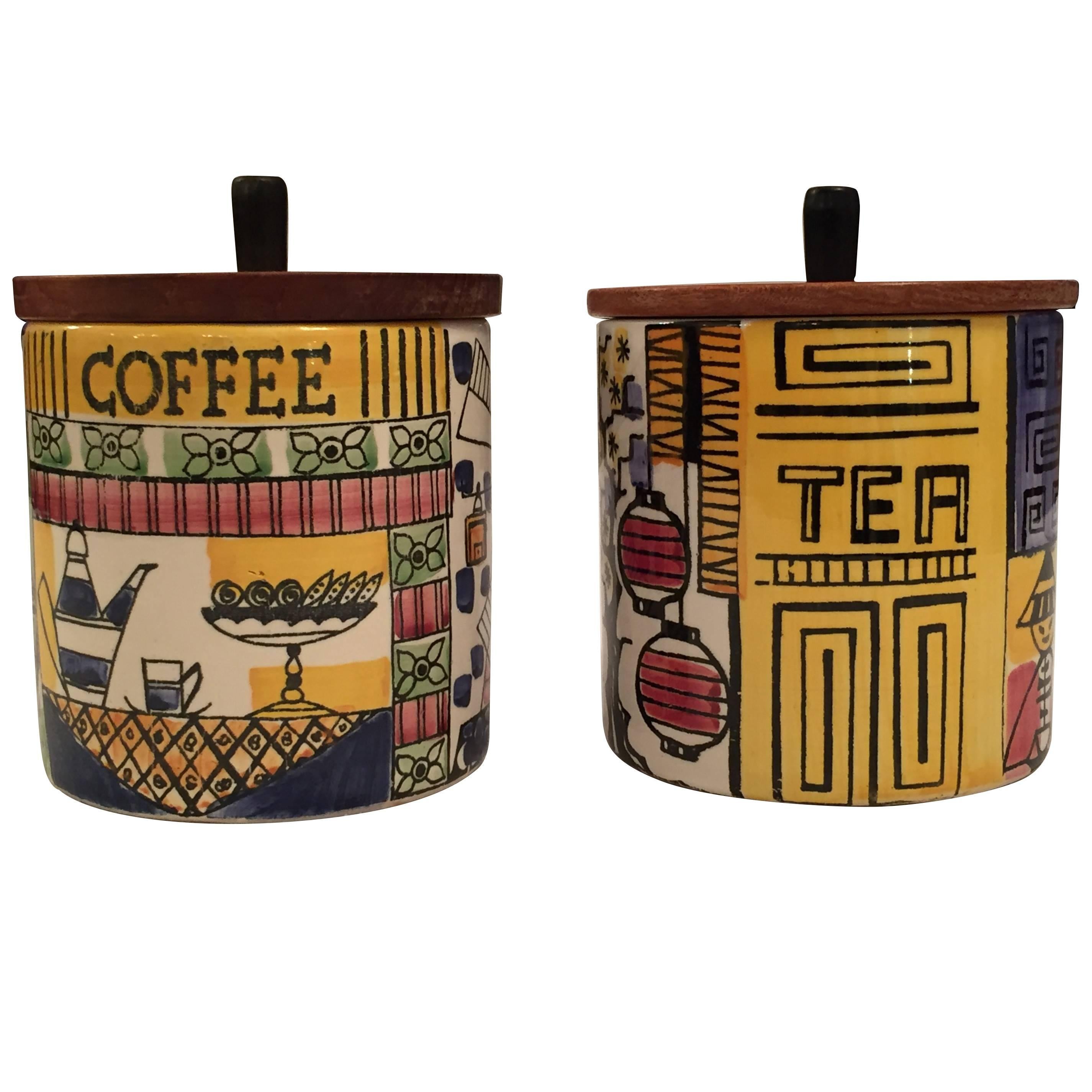 Anita Nylund Ceramic Coffee and Tea Jugs Jars with Teak Lid, Jie, Sweden For Sale