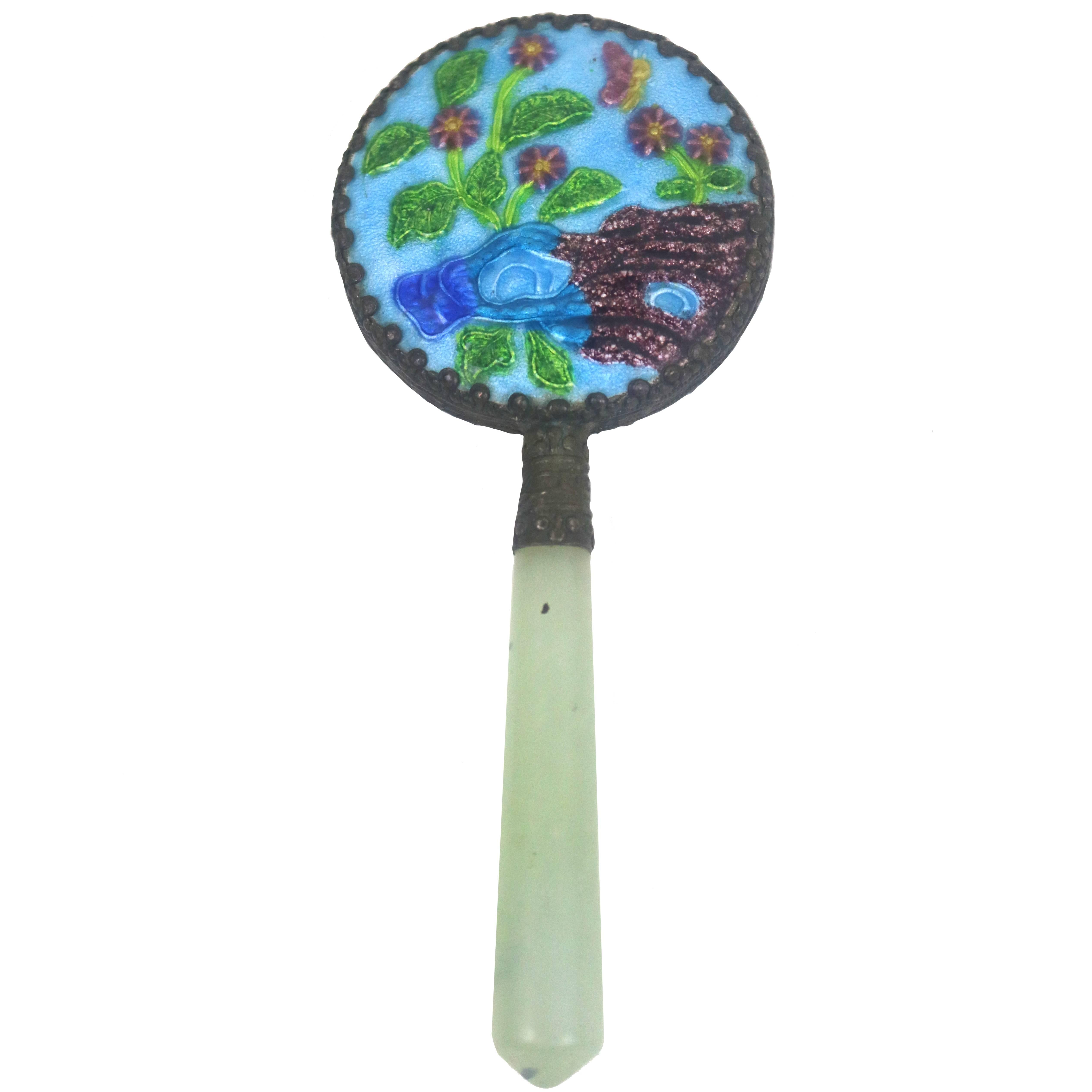 Guilloche-Cloisonne Hand Pocket Chinese Mirror, Chrysoprase Stone Handle, 1930 For Sale