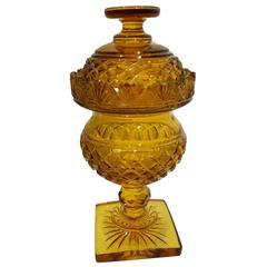 Georgian Cut Amber Glass Covered Jar, 19th Century