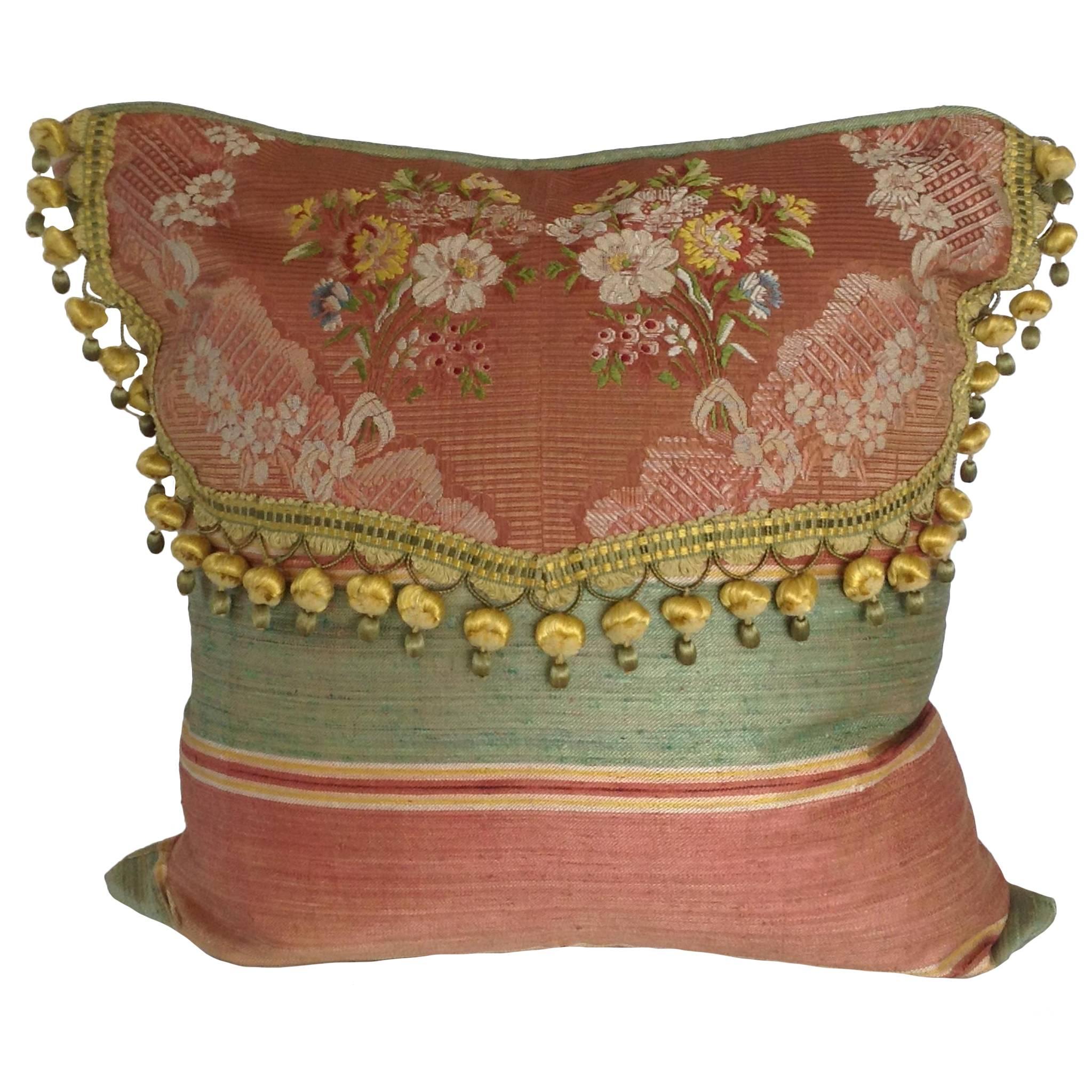 18th Century French Silk Textile Pillow with Tassels