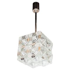 Mid-Century Pendant with Etched Glass Panels and Chrome Fittings by Kinkeldey