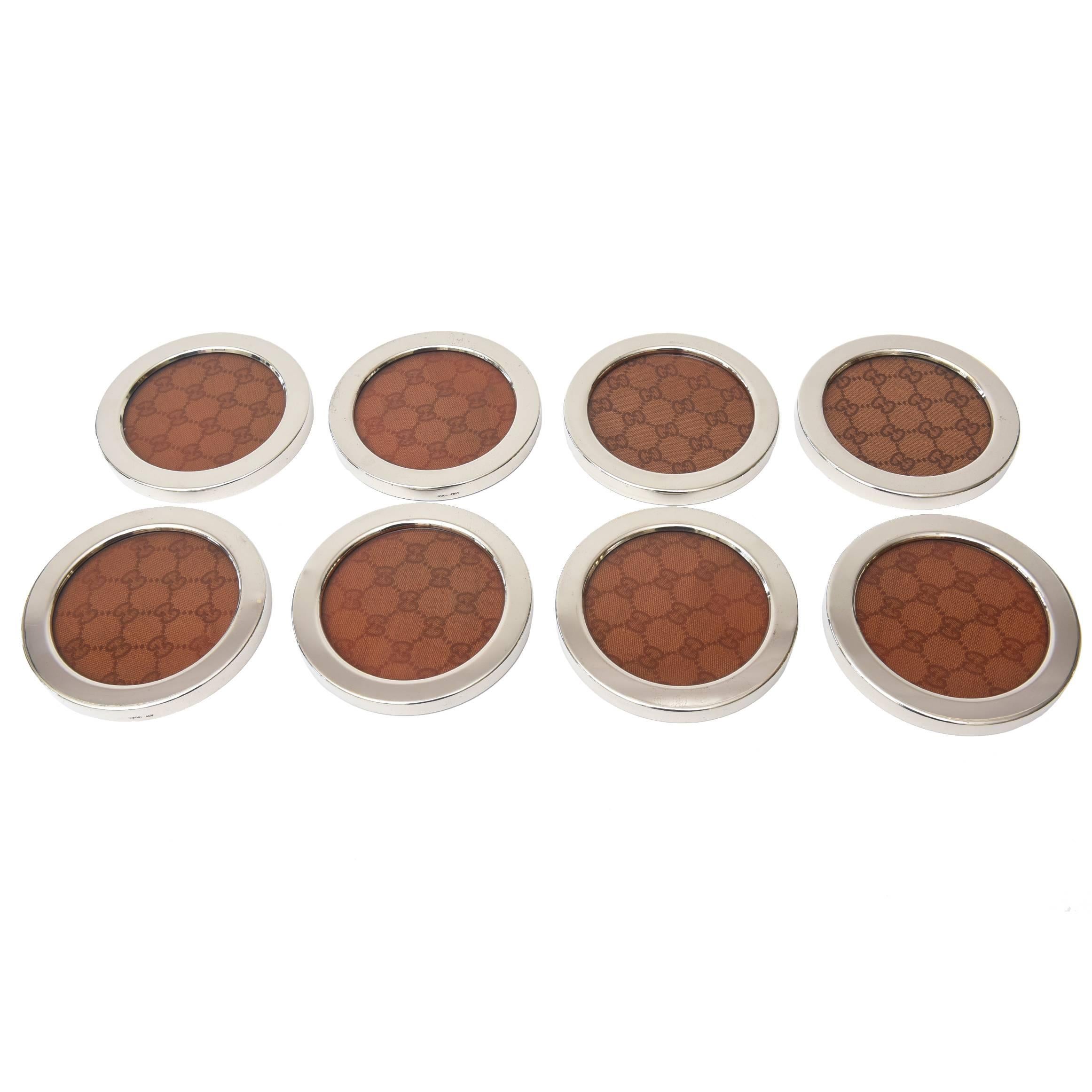 Set of Eight Italian Gucci Signed Chrome, Fabric and Glass Coasters or Barware