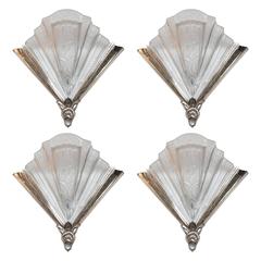 Set of Four Art Deco Sconces in Frosted Glass and Nickel, Signed Frontisi