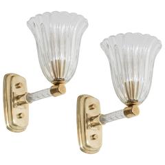 Gorgeous Pair of Mid-Century Arm Sconces in Brass and Glass by Barovier e Toso 2