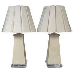 Pair of Karl Springer Style Lucite and Embossed Lizard Table Lamps