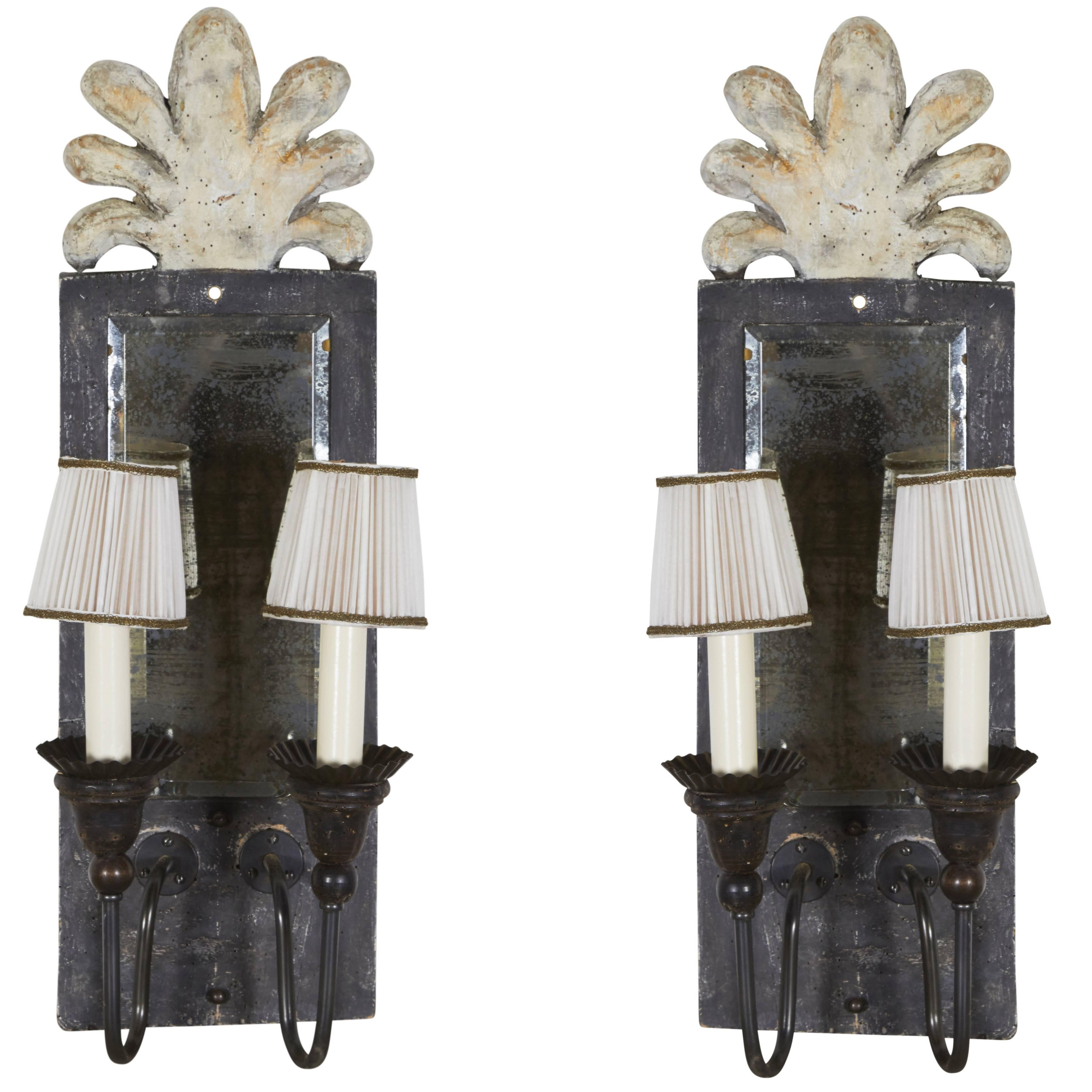 Pair of Mirror-Backed Antiqued Wood Sconces