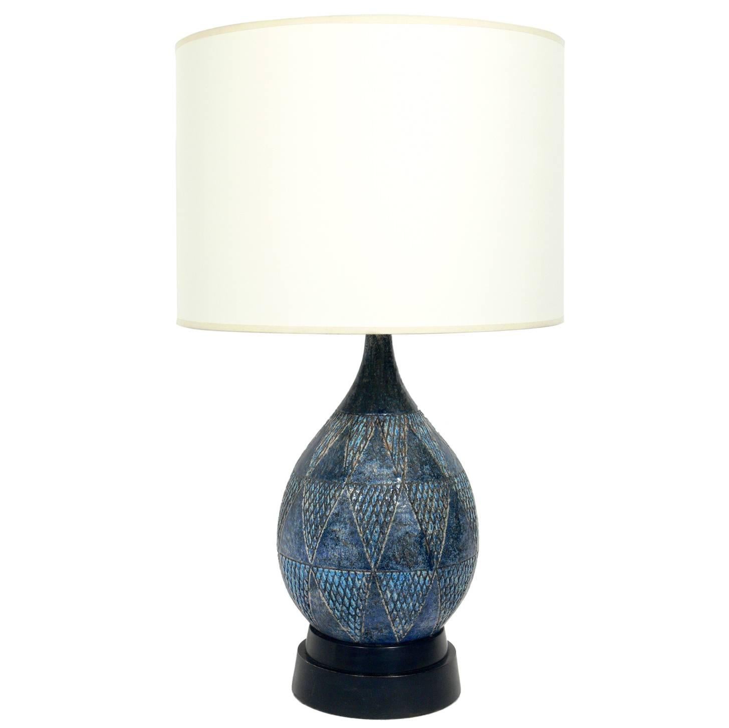 Mid-Century Modern Blue Ceramic Pottery Lamp