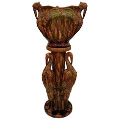 Large Antique Majolica Planter and Pedestal