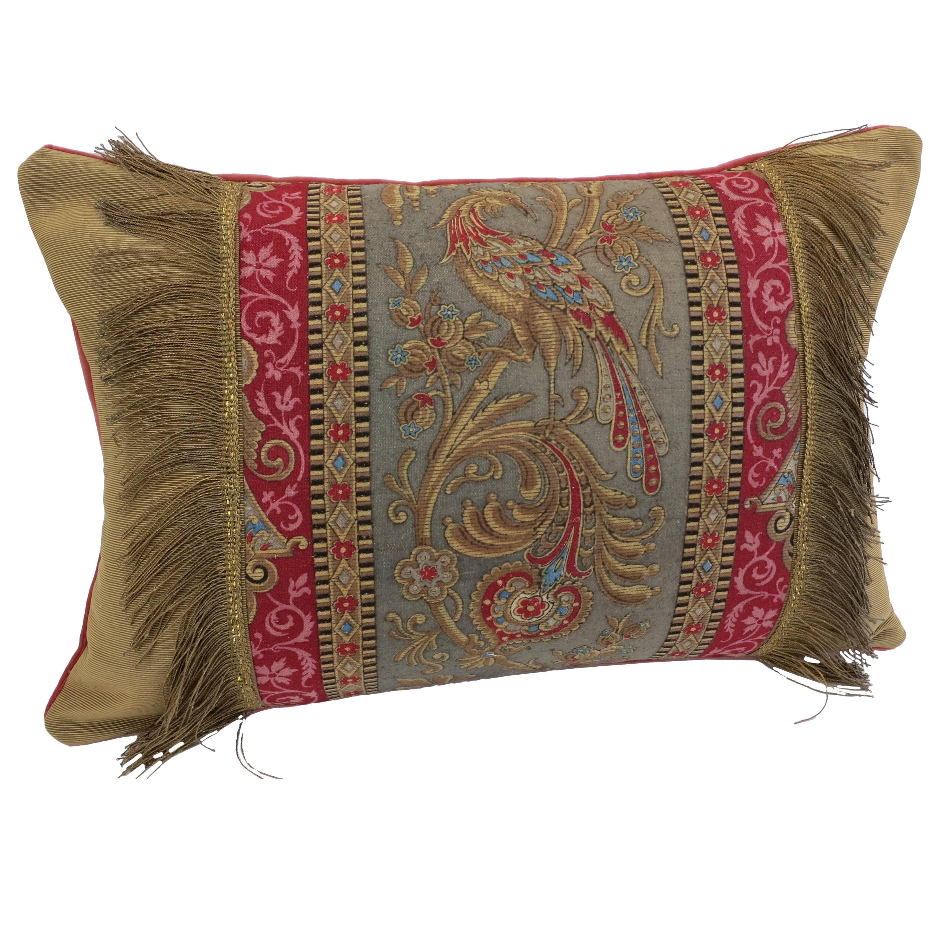 19th Century French Silk Textile Pillow with Metallic Fringe