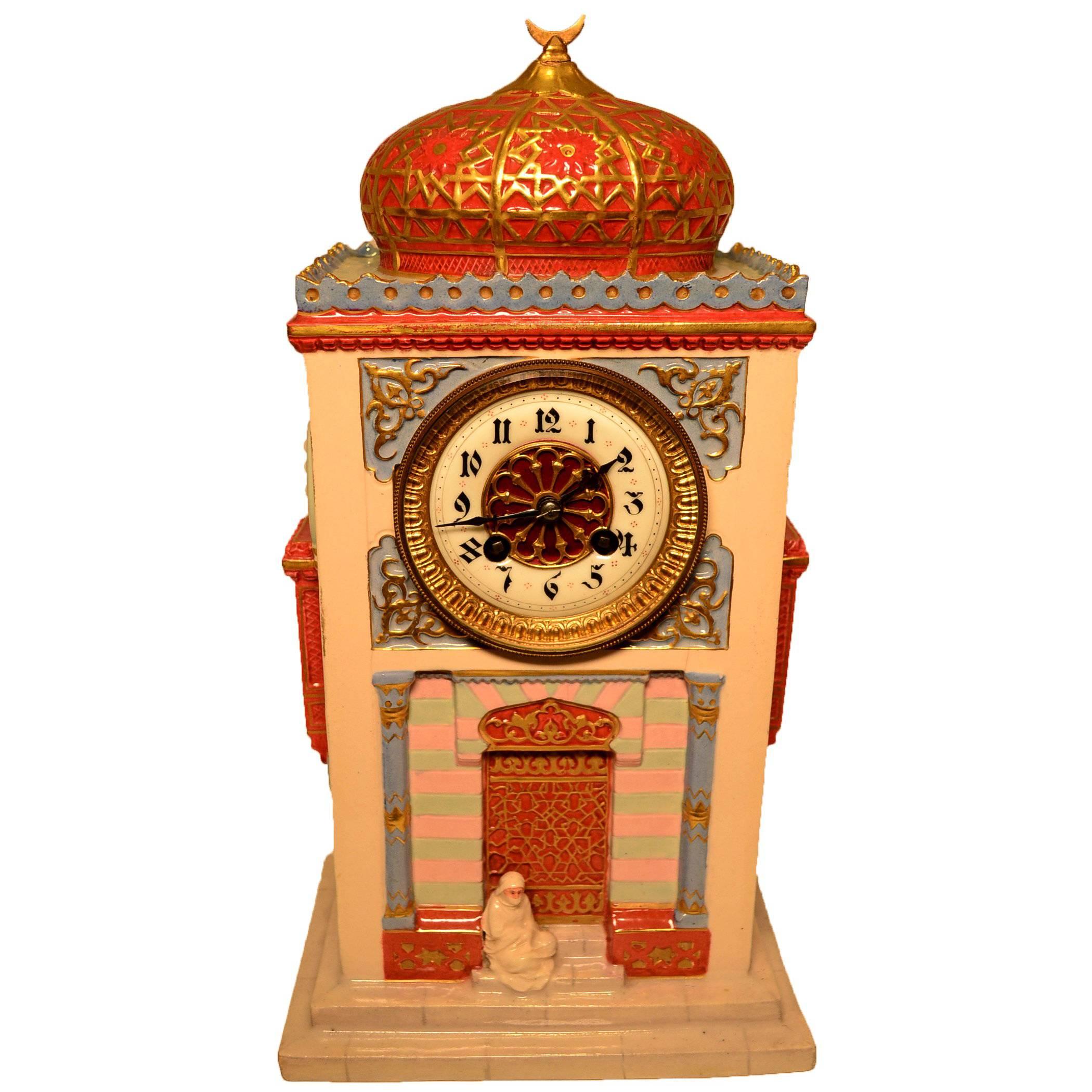 Unusual Orientalist Porcelain Desk or Mantel Clock of a Musk